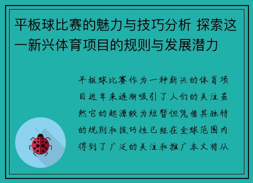 平板球比赛的魅力与技巧分析 探索这一新兴体育项目的规则与发展潜力