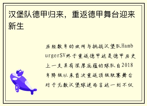汉堡队德甲归来，重返德甲舞台迎来新生